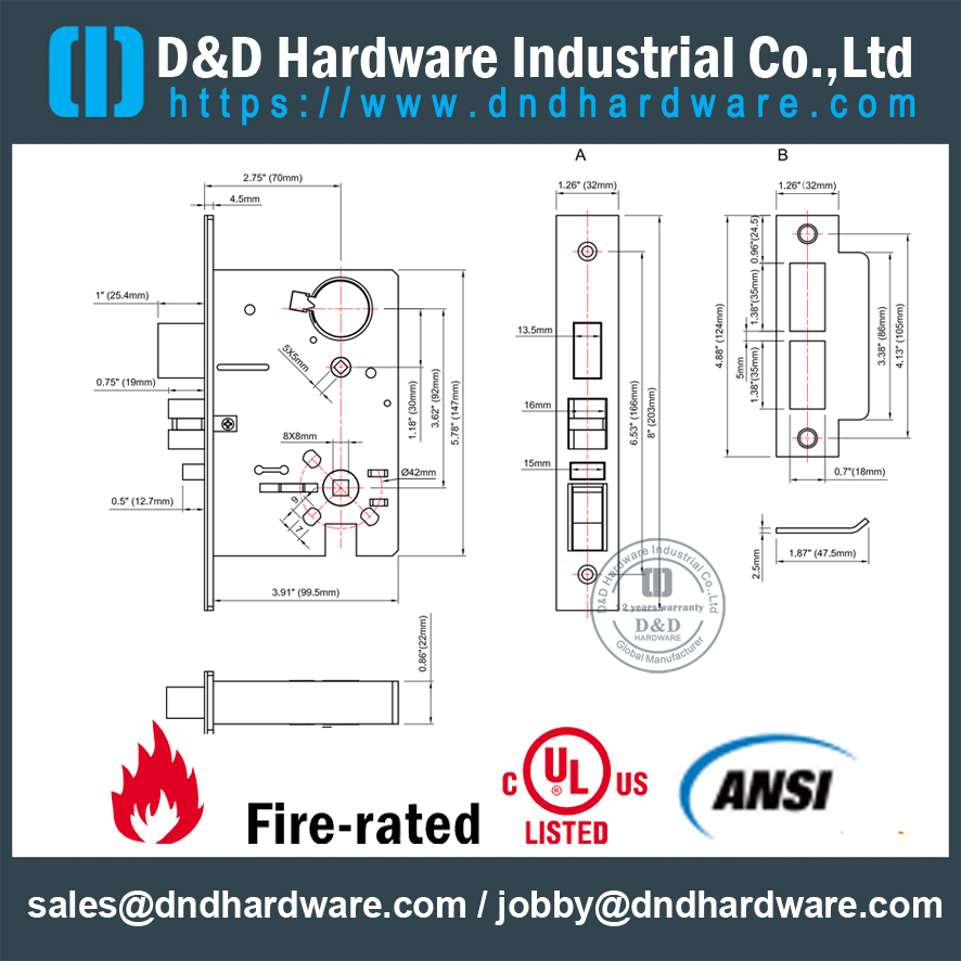 Американские врезные замки с засовом SS-DDAL15 F15