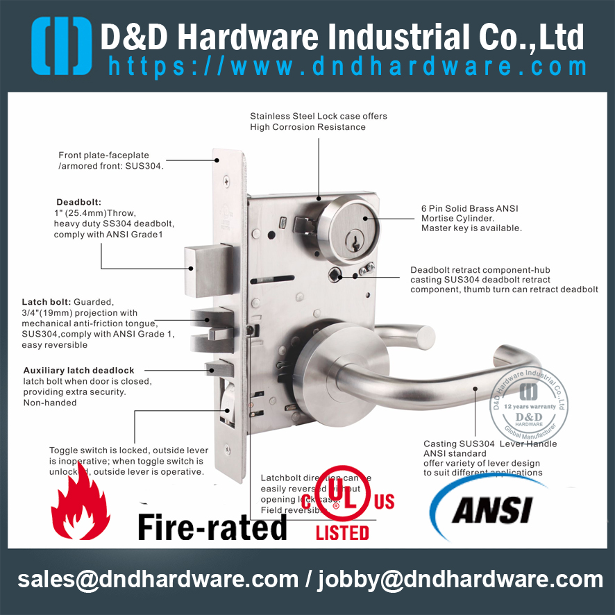 SS304 Grade 1 ANSI / BHMA Замок с ригелем-DDAL18 F18