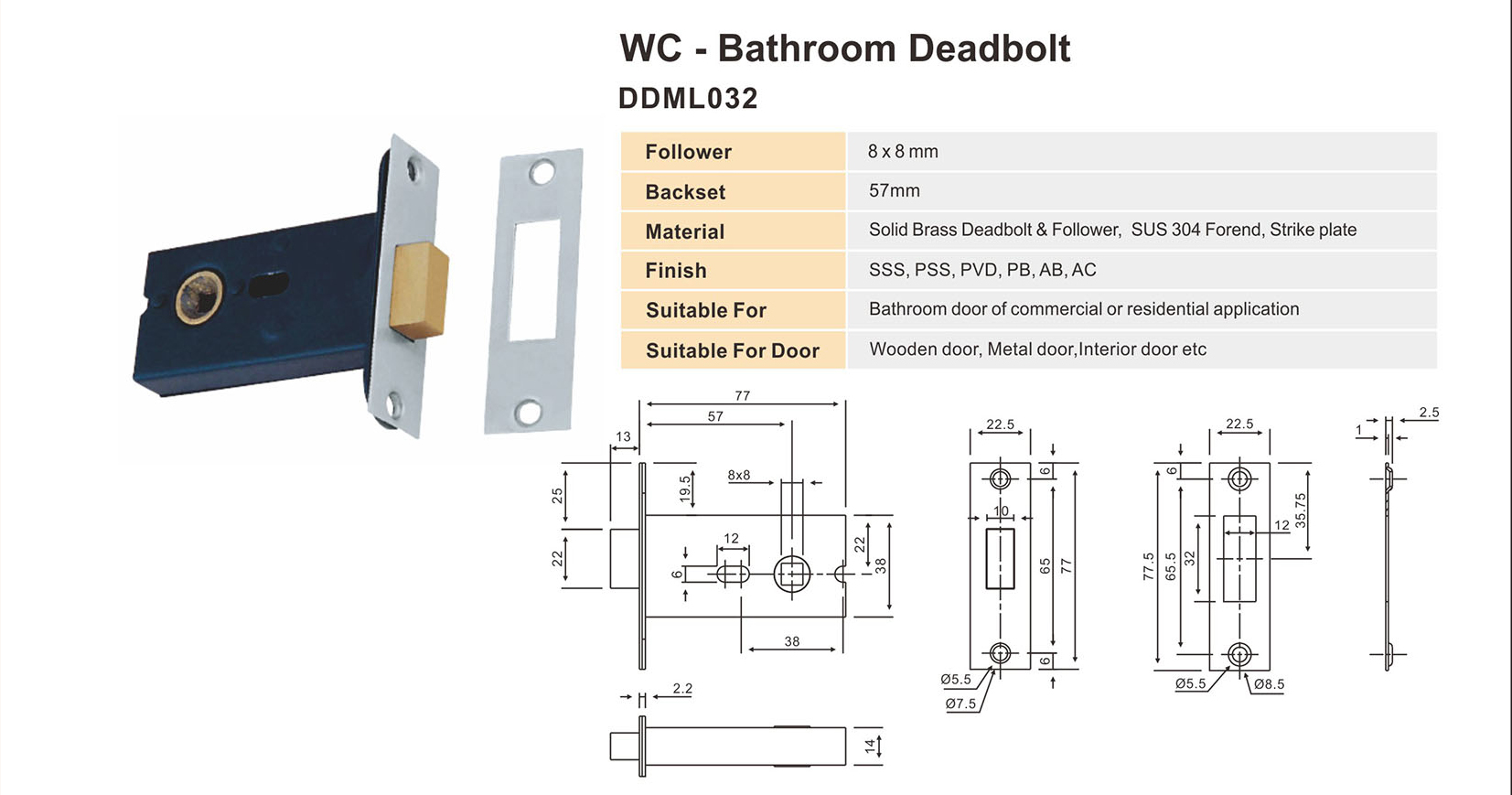 Латунный вход WC-Deadbolt Lock-DDML032