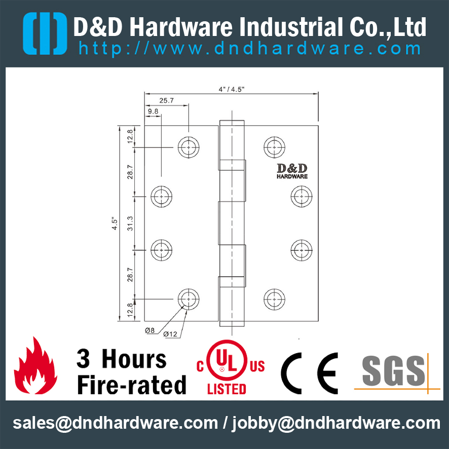 SS316 Прочная огнестойкая петля 2BB с рейтингом UL-DDSS002-FR-4.5x4x3.0 мм