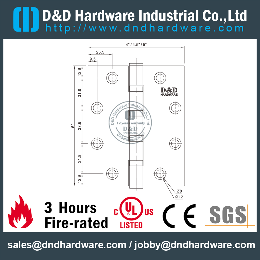 SS304 Прочный шарнир 4BB с классом пожарной безопасности UL-DDSS008-FR-5x4,5x4,6 мм