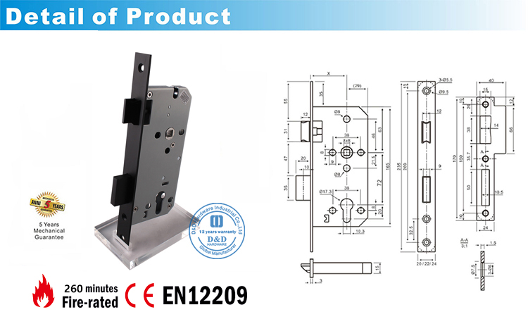 Black-CE Mortise Lock DDML009-D & D Аппаратное обеспечение