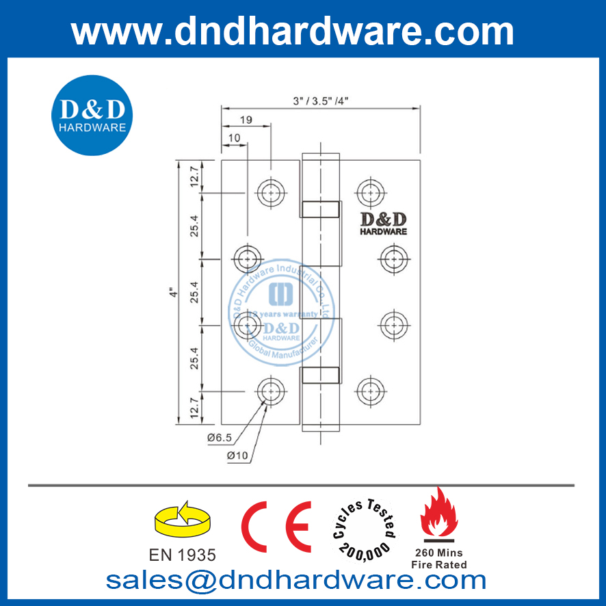 SS201 CE класса 13 Врезная огнестойкая металлическая дверная петля-DDSS001-CE-4X3.5X3