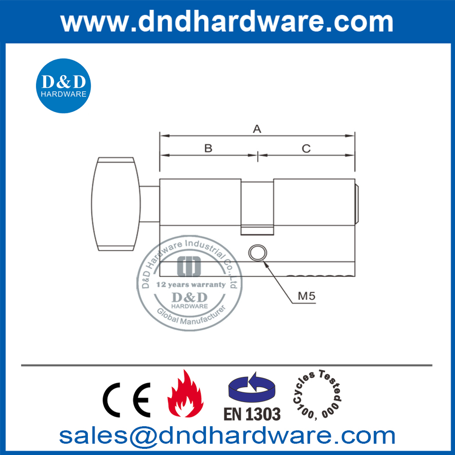 Цилиндр с одним замком из цельной латуни BS EN1303 с поворотным механизмом DDLC002