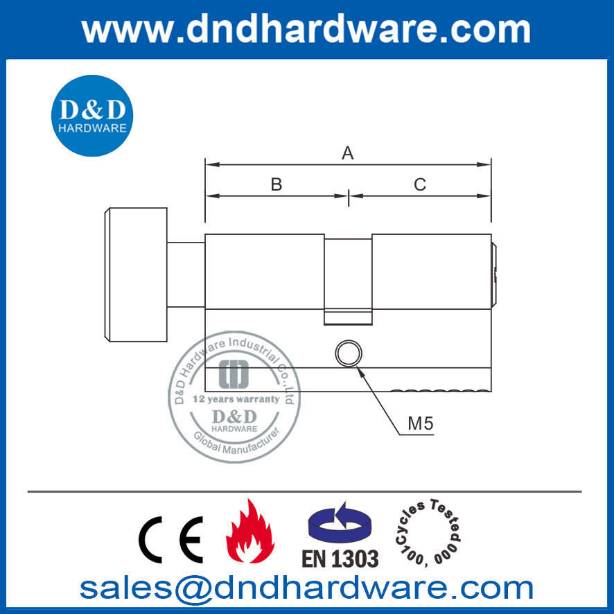 Цилиндр с поворотной ручкой из латуни BS EN1303 с ключом-DDLC004