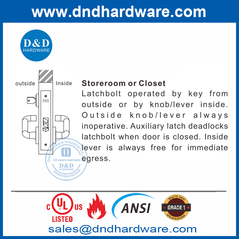 ANSI UL FIRE RACE RACE SUS304 Дверной Замок для спальни для StoreRoom-DDAL07 F07