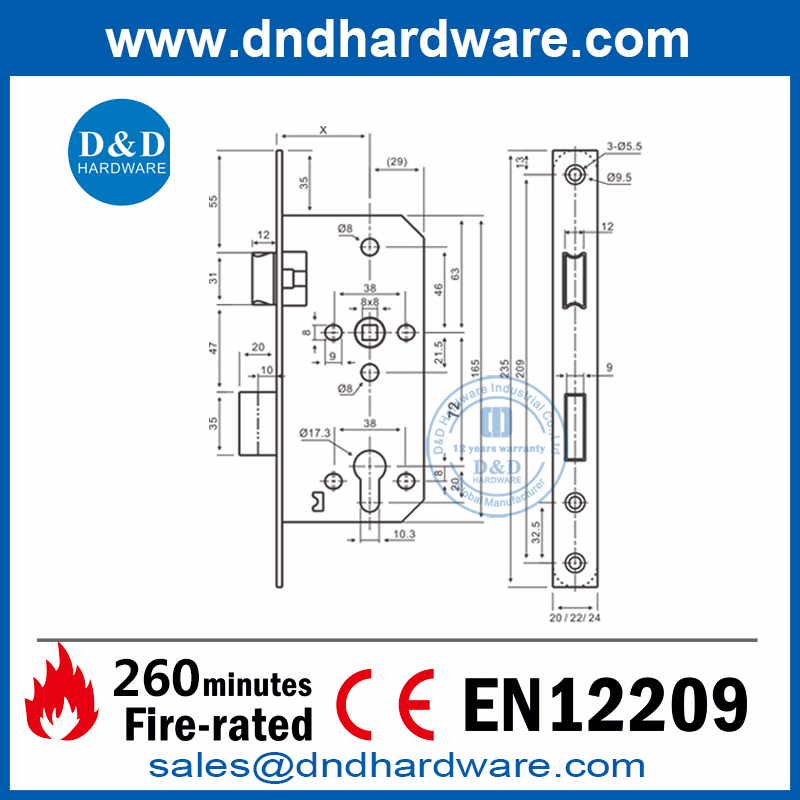 BS EN12209 Solid SUS304 Противопожарный замок створки-DDML009