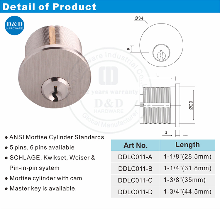 ANSI Mortise Cylinder-DDLC011-D & D Аппаратное обеспечение
