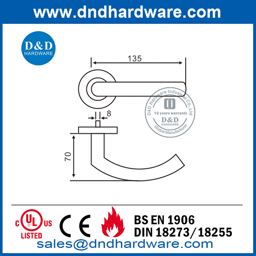 BS EN1906 Огнестойкая металлическая дверная ручка из нержавеющей стали-DDTH011