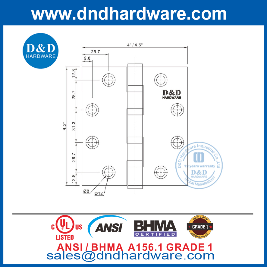 ANSI / BHMA UL GRADE 1 SS304 4BB дверная петля -4,5x4x4,6 мм