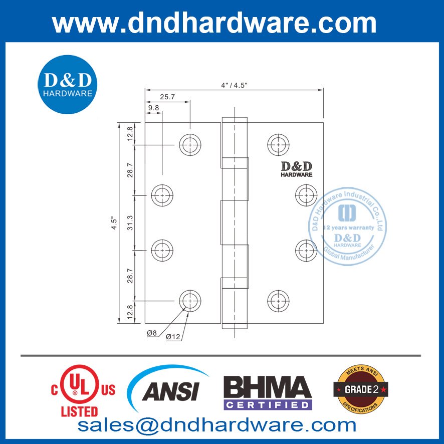 ANSI / BHMA GRADE 2-SS304 Противопожарные дверные петли -4,5x4,5x3,4 мм