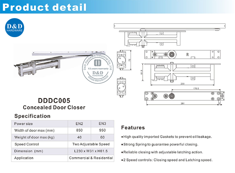 Скользящая скрытая дверь ближе DDC005-D & D Аппаратное обеспечение