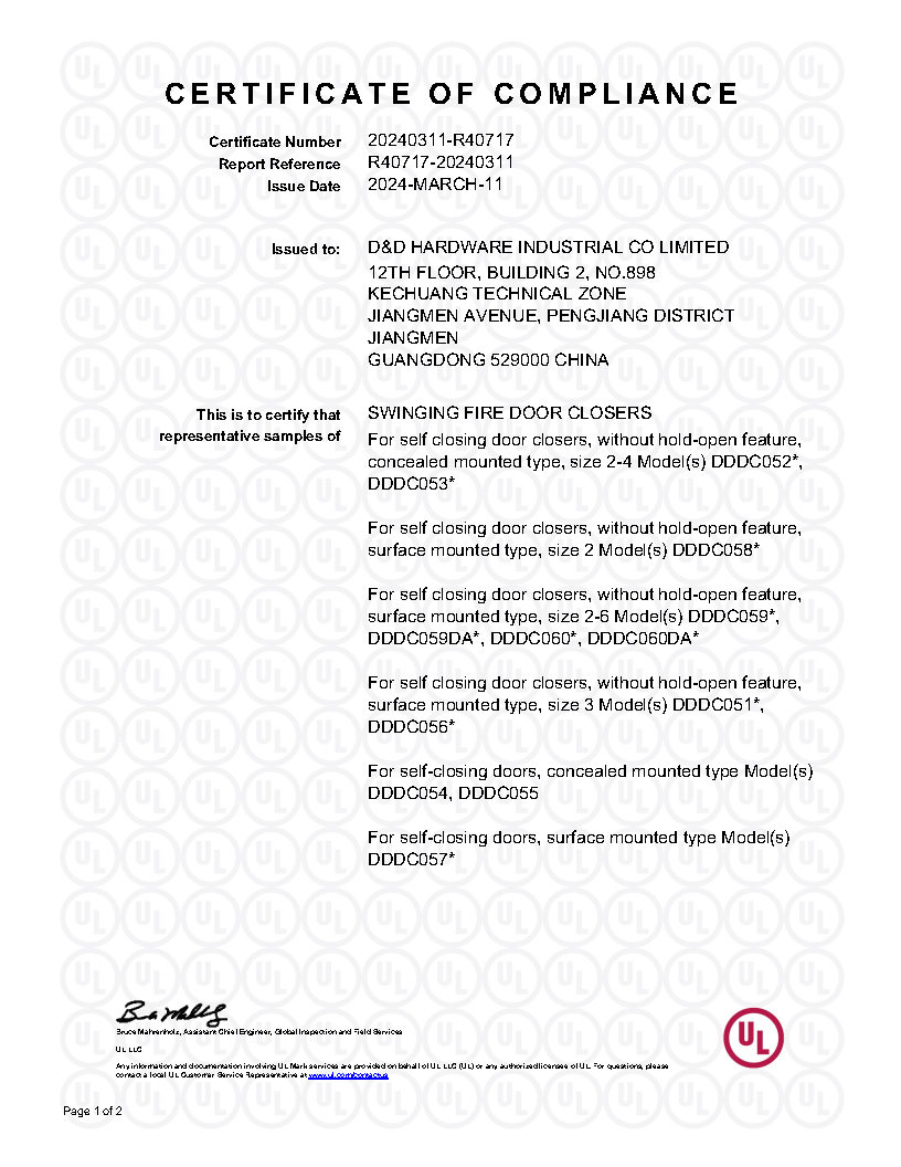 UL Fire Rated Dective Action En1-en6 Деревянная дверь Весна ближе к DDDC059DA