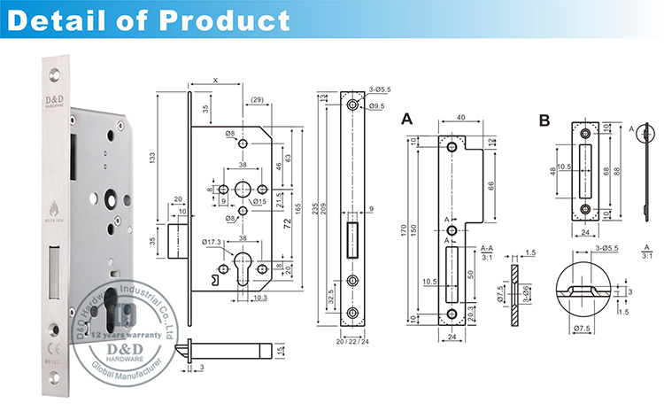 BS EN12209 Deadbolt Lock-DDML013-D & D Аппаратное обеспечение