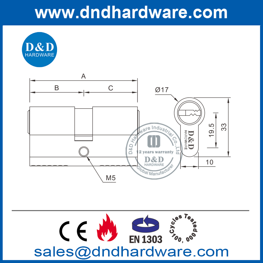 Цилиндр с двойным замком евро сатинированной латуни EN1303 для внутренней двери-DDLC003