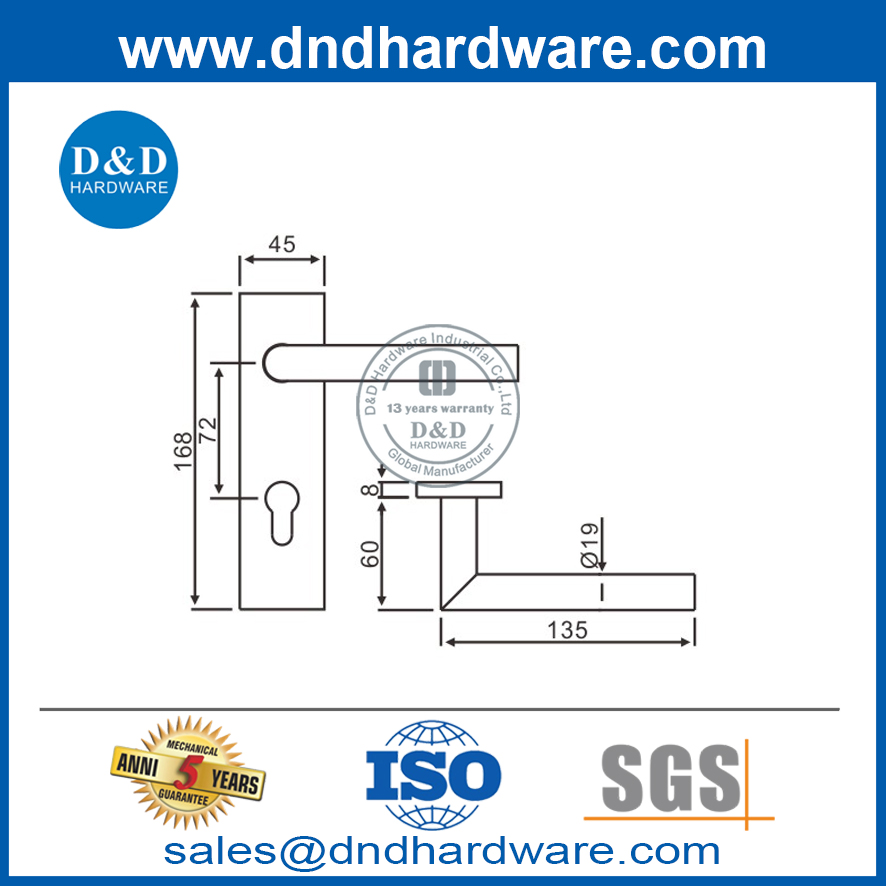 Ручка рычага со скосом для внешней двери из нержавеющей стали на пластине-DDTP009