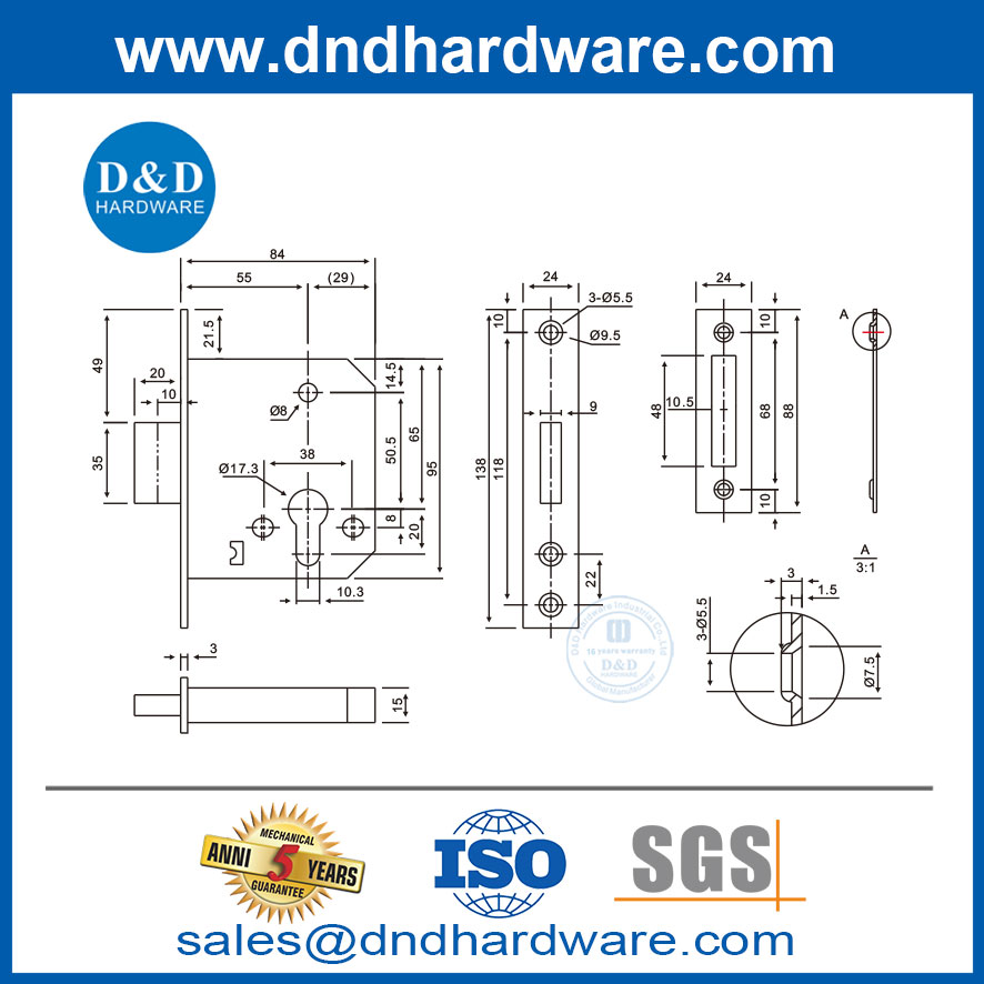 SUS304 Туалетная дверь Dead Bolt Lock Body для коммерческого здания DDML029-B